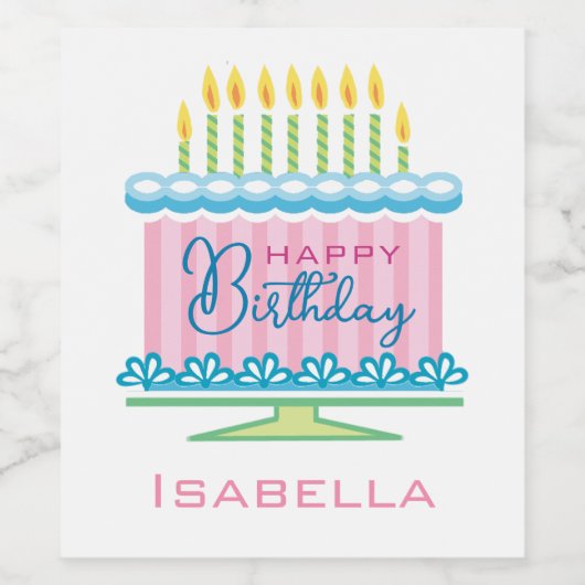 Roze en blauwe verjaardagstaart wijn etiket (Enkel label)