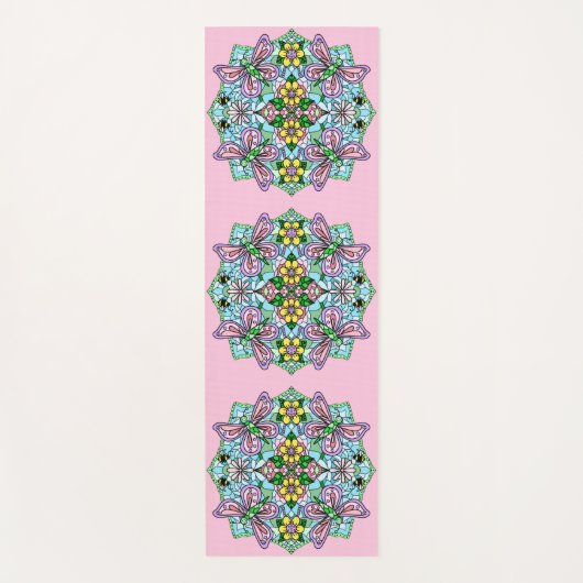 Roze en Blauwe Vlinders en Bloemen Mandala Yogamat (Voorkant)