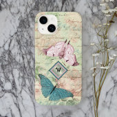 Roze en Blauwe Vlinders en Rozen met Monogram Case-Mate iPhone Case