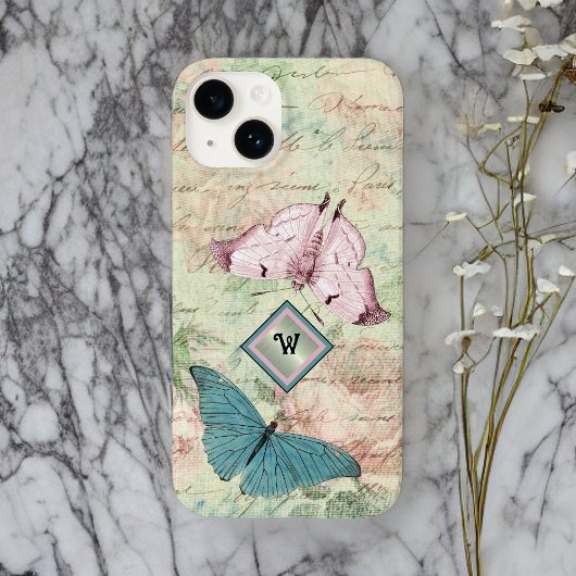 Roze en Blauwe Vlinders en Rozen met Monogram Case-Mate iPhone Case