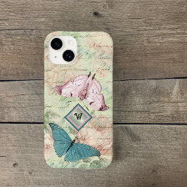 Roze en Blauwe Vlinders en Rozen met Monogram Case-Mate iPhone 14 Hoesje