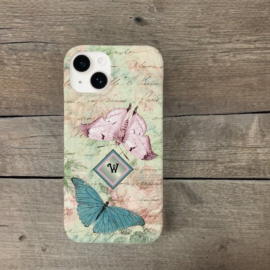Roze en Blauwe Vlinders en Rozen met Monogram Case-Mate iPhone Case