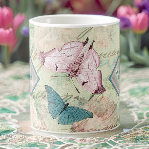 Roze en Blauwe Vlinders en Rozen met Monogram Koffiemok