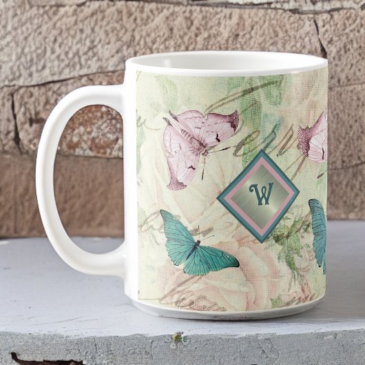 Roze en Blauwe Vlinders en Rozen met Monogram Koffiemok