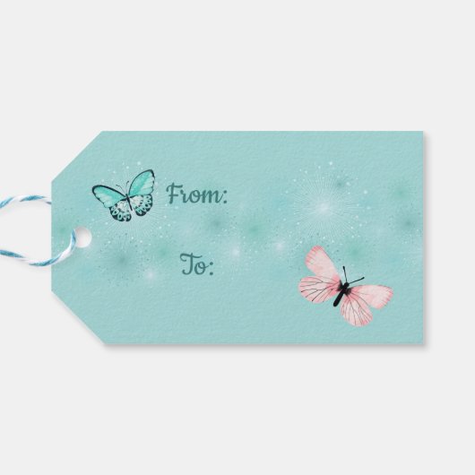 Roze en Blauwe Vlinders " Handgemaakt Met Liefde" Cadeaulabel (Achterkant Horizontaal)