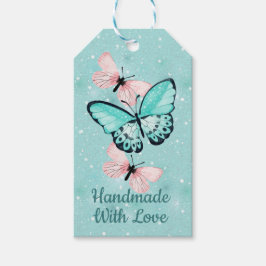 Roze en Blauwe Vlinders " Handgemaakt Met Liefde" Cadeaulabel