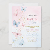 Roze en Blauwe Vlinders Quinceañera Uitnodiging (Voorkant)