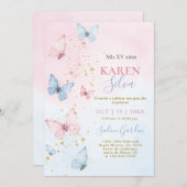 Roze en Blauwe Vlinders Quinceañera Uitnodiging (Voorkant / Achterkant)