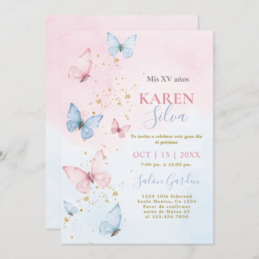 Roze en Blauwe Vlinders Quinceañera Uitnodiging (Voorkant / Achterkant)