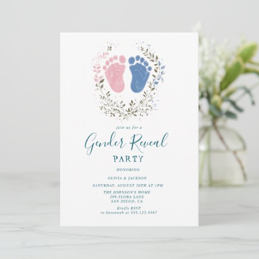 Roze en blauwe voetstappen Gender Reveal Party Kaart (Staand voorkant)