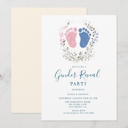 Roze en blauwe voetstappen Gender Reveal Party Kaart (Voorkant / Achterkant)