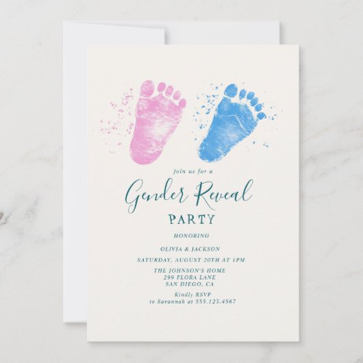 Roze en blauwe voetstappen Gender Reveal Party Kaart (Voorkant)