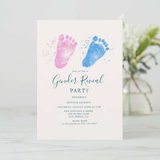 Roze en blauwe voetstappen Gender Reveal Party Kaart (Staand voorkant)