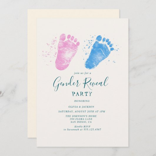 Roze en blauwe voetstappen Gender Reveal Party Kaart (Voorkant / Achterkant)
