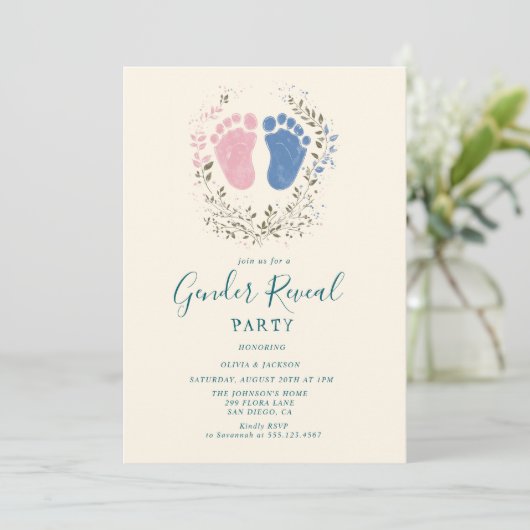 Roze en blauwe voetstappen Gender Reveal Party Kaart (Staand voorkant)
