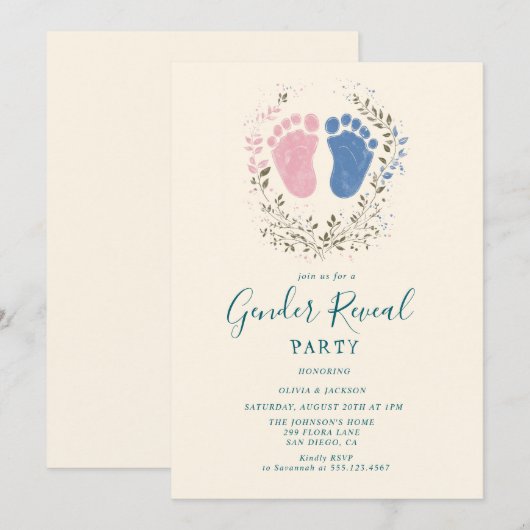 Roze en blauwe voetstappen Gender Reveal Party Kaart (Voorkant / Achterkant)