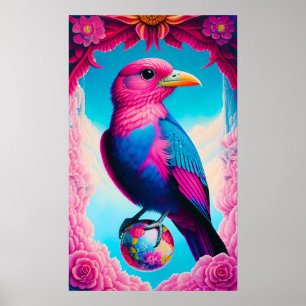 Roze en blauwe vogel poster