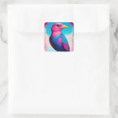Roze en blauwe vogel vierkante sticker (Tas)
