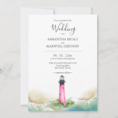 Roze en Blauwe Vuurtoren Strand Destination Weddin Kaart (Voorkant)