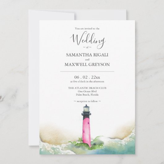 Roze en Blauwe Vuurtoren Strand Destination Weddin Kaart (Voorkant)