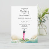 Roze en Blauwe Vuurtoren Strand Destination Weddin Kaart (Staand voorkant)