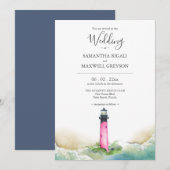 Roze en Blauwe Vuurtoren Strand Destination Weddin Kaart (Voorkant / Achterkant)