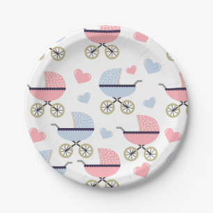 Roze en Blauwe Wandelwagen Patroon Baby Shower Papieren Bordje