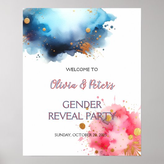 Roze en Blauwe Watercolour Geslacht Onthullen Poster (Voorkant)