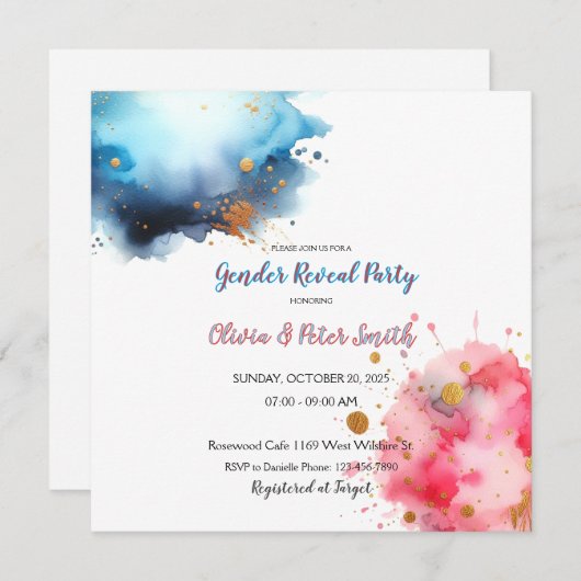 Roze en Blauwe Watercolour Geslacht Onthullen Save The Date (Voorkant / Achterkant)
