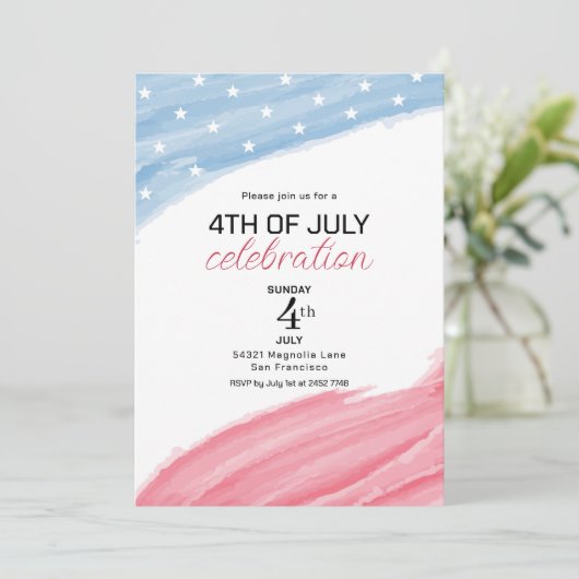 Roze en blauwe Waterverf 4 juli Uitnodigingen (Staand voorkant)