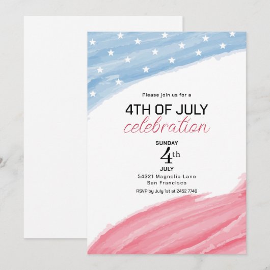Roze en blauwe Waterverf 4 juli Uitnodigingen (Voorkant / Achterkant)
