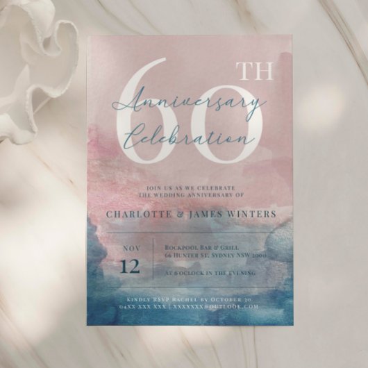 Roze en blauwe waterverf 60ste verjaardag kaart