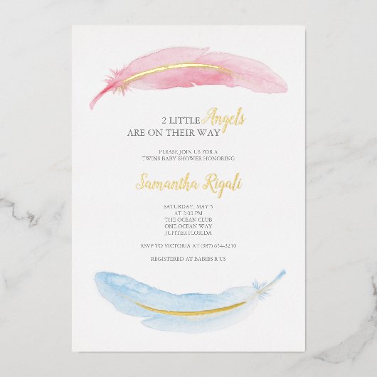 Roze en blauwe Waterverf Baby shower Folie Uitnodiging (Voorkant)