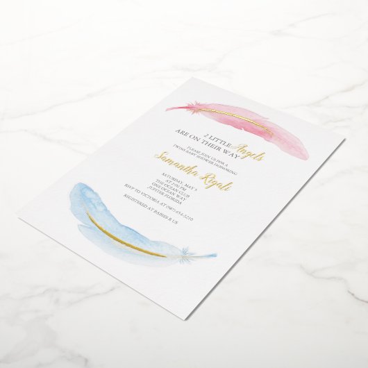 Roze en blauwe Waterverf Baby shower Folie Uitnodiging (Gedraaid)