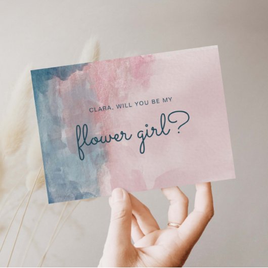 Roze en Blauwe waterverf bloem meisje kaart