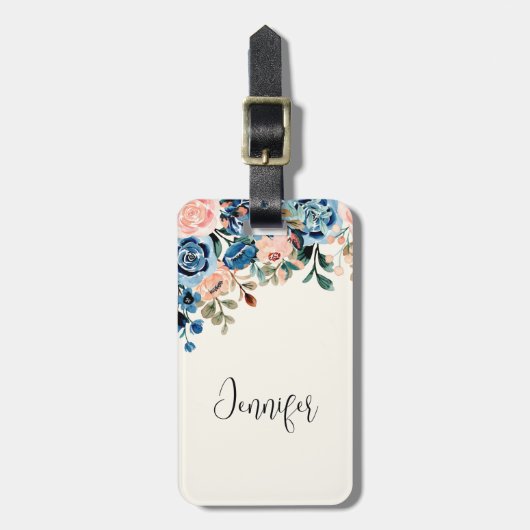 Roze en blauwe Waterverf bloemen Bagagelabel (Voorkant verticaal)