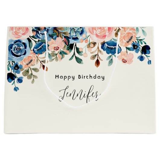 Roze en blauwe Waterverf Bloemen Birthday Groot Cadeauzakje (Voorkant)