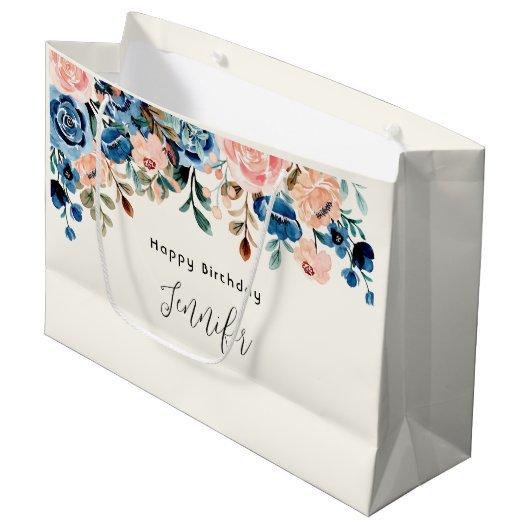 Roze en blauwe Waterverf Bloemen Birthday Groot Cadeauzakje (Voorkant Gekanteld)