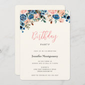 Roze en blauwe Waterverf Bloemen Birthday Kaart (Voorkant / Achterkant)