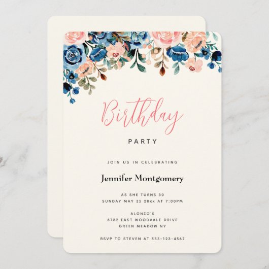 Roze en blauwe Waterverf Bloemen Birthday Kaart (Voorkant / Achterkant)