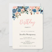 Roze en blauwe Waterverf Bloemen Birthday Kaart (Voorkant)