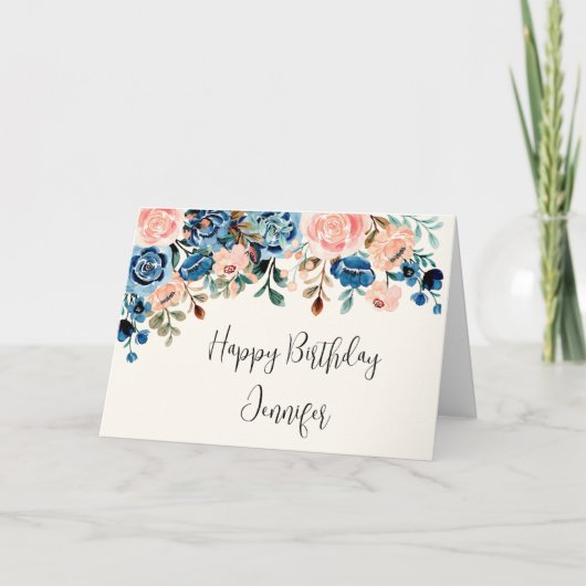 Roze en blauwe Waterverf Bloemen Birthday Kaart (Voorkant)