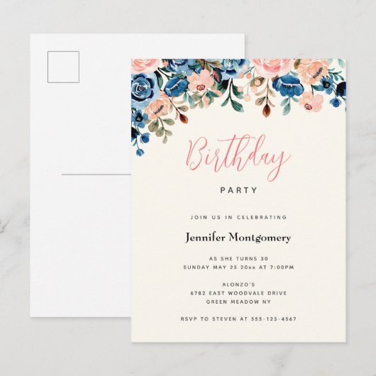 Roze en blauwe Waterverf bloemen Birthday Party Uitnodiging Briefkaart (Voorkant / Achterkant)