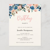 Roze en blauwe Waterverf bloemen Birthday Party Uitnodiging Briefkaart (Voorkant)