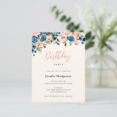 Roze en blauwe Waterverf bloemen Birthday Party Uitnodiging Briefkaart (Staand voorkant)