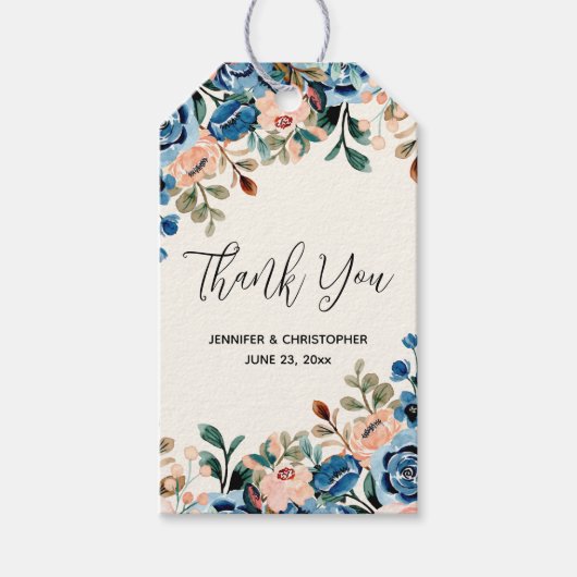 Roze en blauwe Waterverf bloemen bruiloft Cadeaulabel (Voorkant)