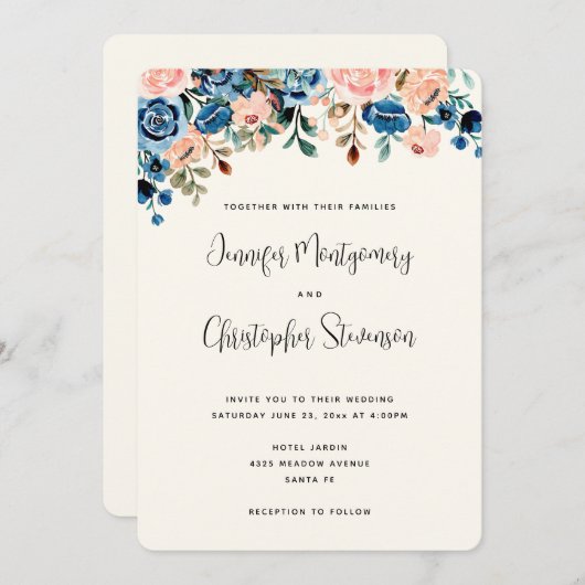 Roze en blauwe Waterverf bloemen bruiloft Kaart (Voorkant / Achterkant)