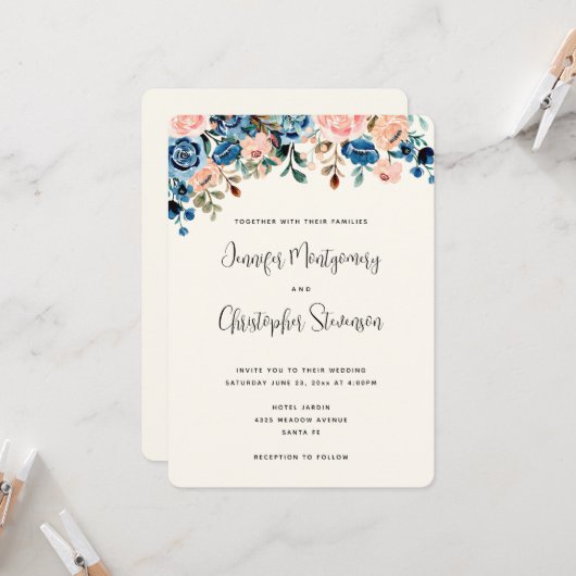 Roze en blauwe Waterverf bloemen bruiloft Kaart (Voorkant / Achterkant in situ)