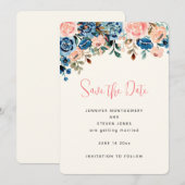 Roze en blauwe waterverf bloemen bruiloft save the date (Voorkant / Achterkant)