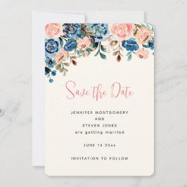 Roze en blauwe waterverf bloemen bruiloft save the date